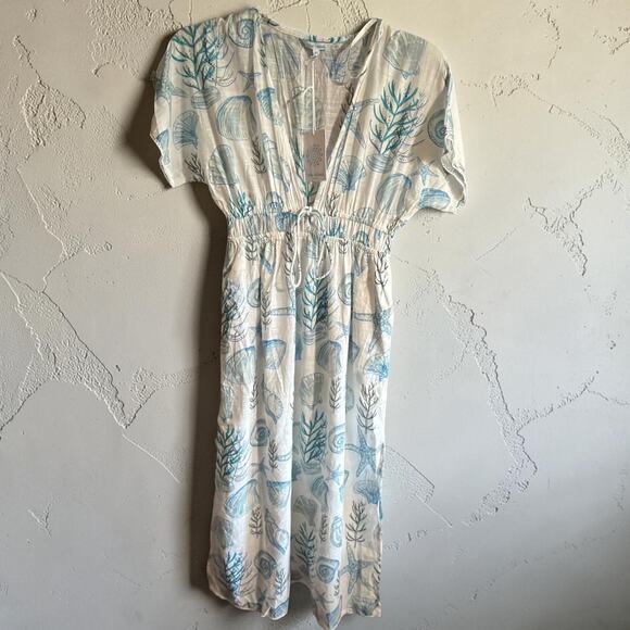 blue island Other - Blue Island Beach Cover Up Dress XS 100% Cotton Seashell Print White Blue